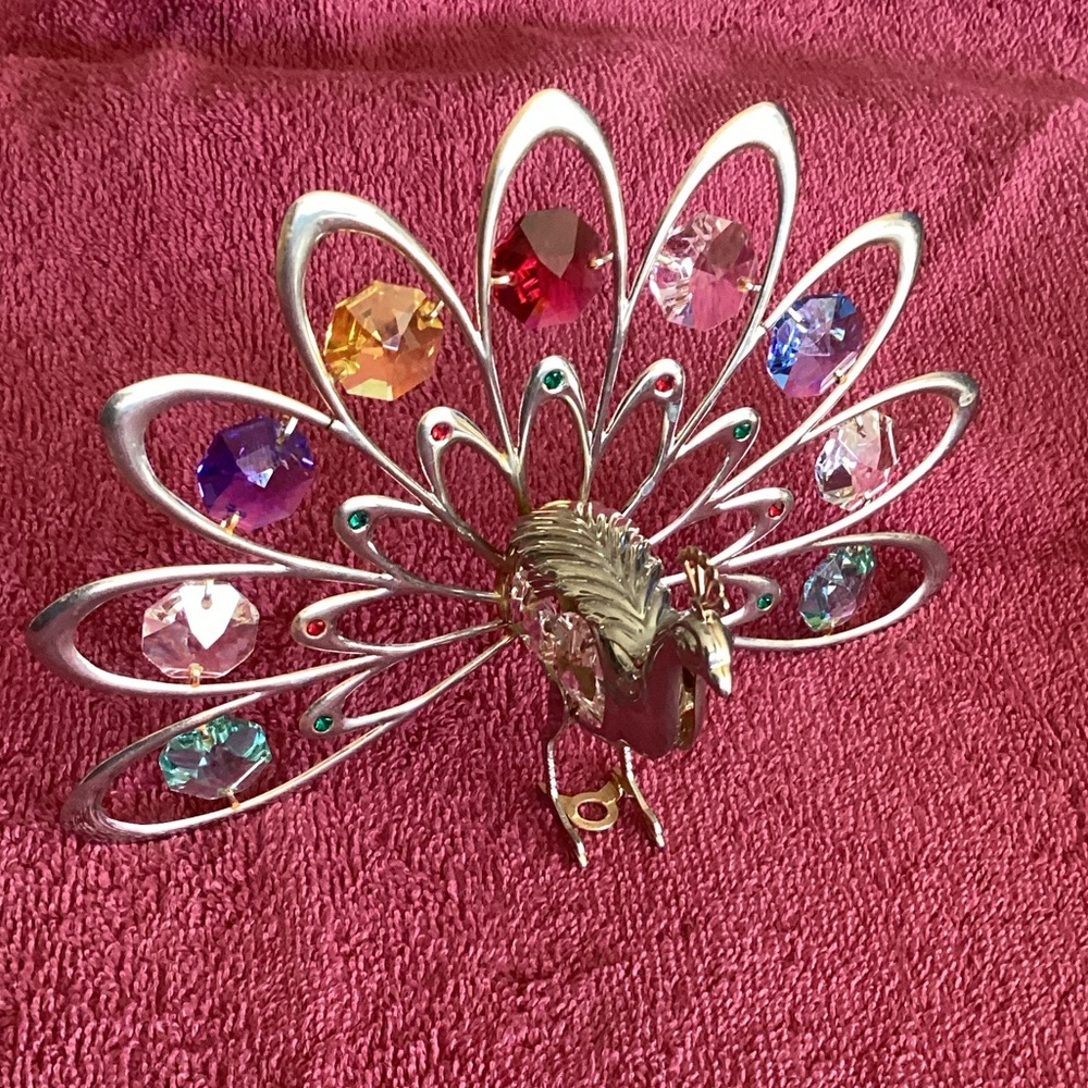 Decorative Silvertone and Crystal Peacock